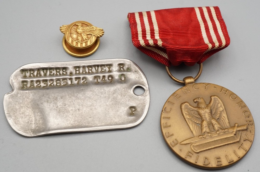 Post WWII 1949 Army Dog Tag, Good Conduct Medal & Ruptured Duck Discharge Button