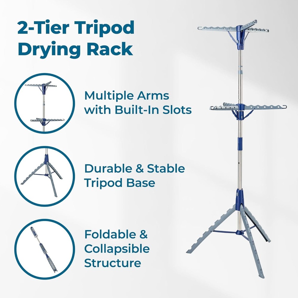 2-Tier Collapsible Tripod Drying Rack – Space-Saving Foldable Clothes & Laundry