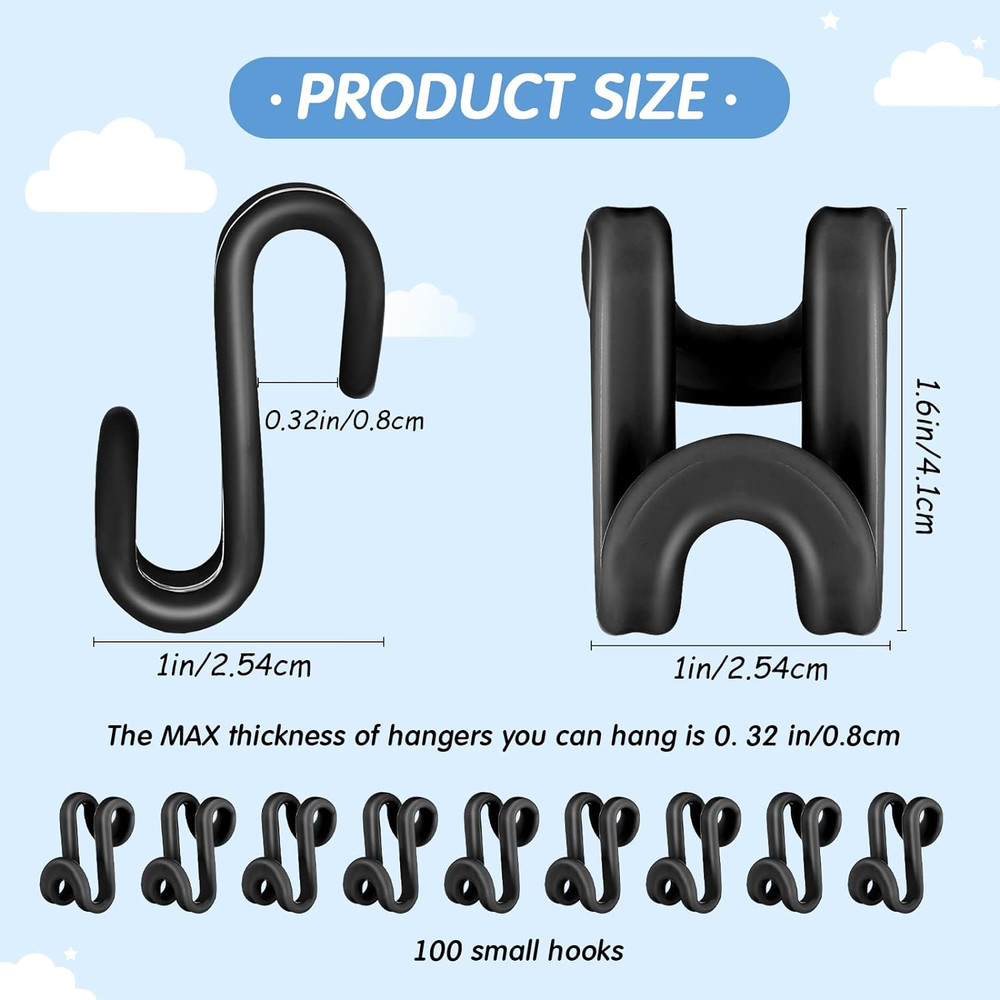 100 Pcs Black Plastic Heavy Duty Clothes Hanger Connector Hooks