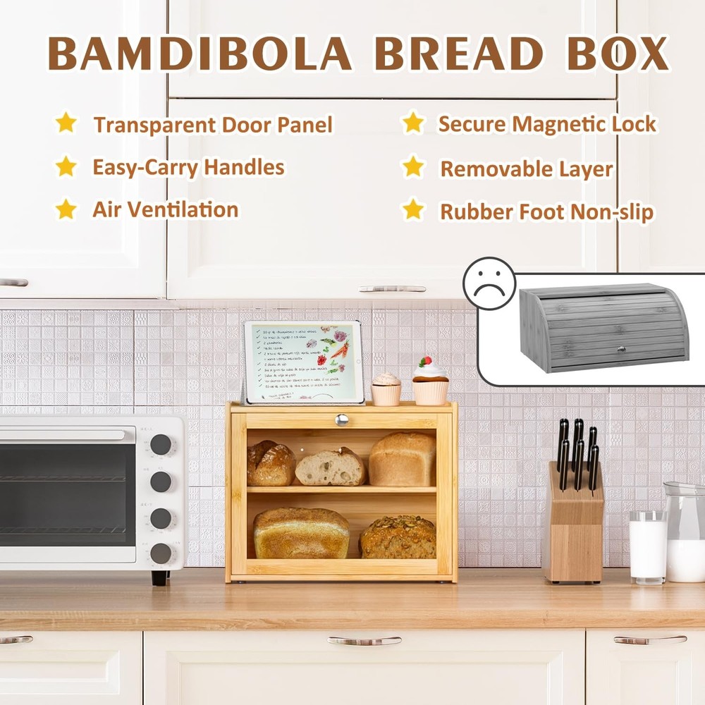 Bread Box for Kitchen Countertop, Double-layers large Bread Container with Tr...