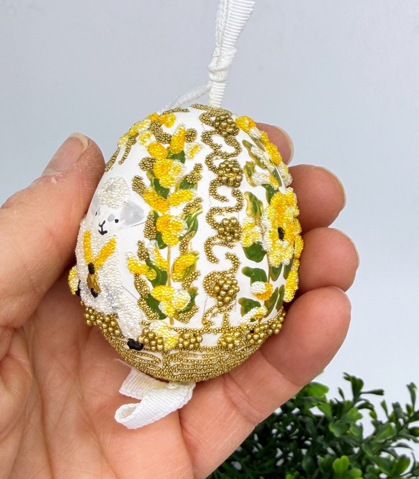 Easter Egg Ornament: Peter's Seasons GMBH; Spring Lamb in Golden Basket w/Vines