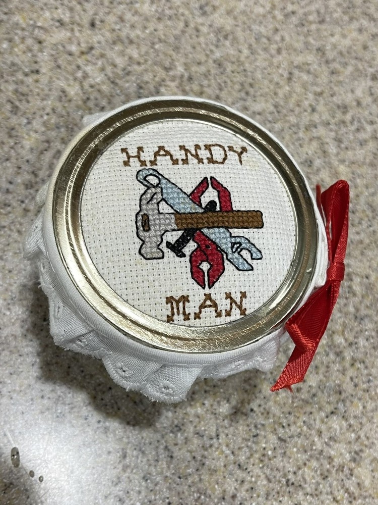 Handmade Needlepoint Miniature 2.5” Ball Jar “Handy Man” EUC