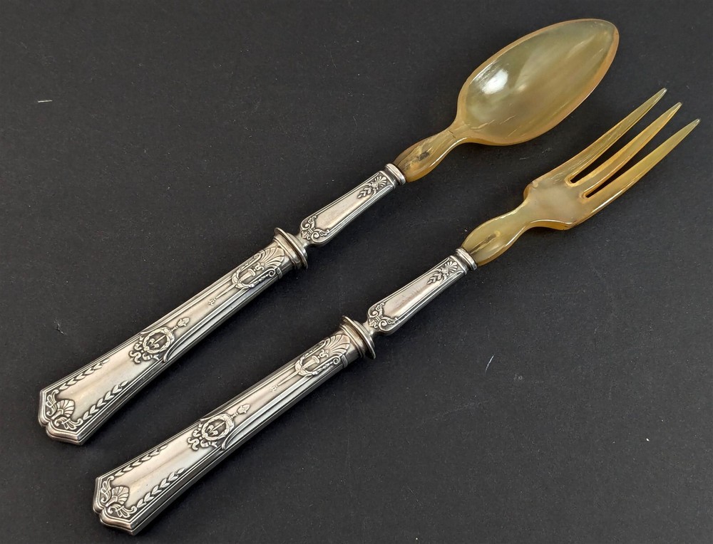 Rouyer V.Langrand EMPIRE Salad Serving Set Fork & Spoon Silverplate 1900 CHAMBLY