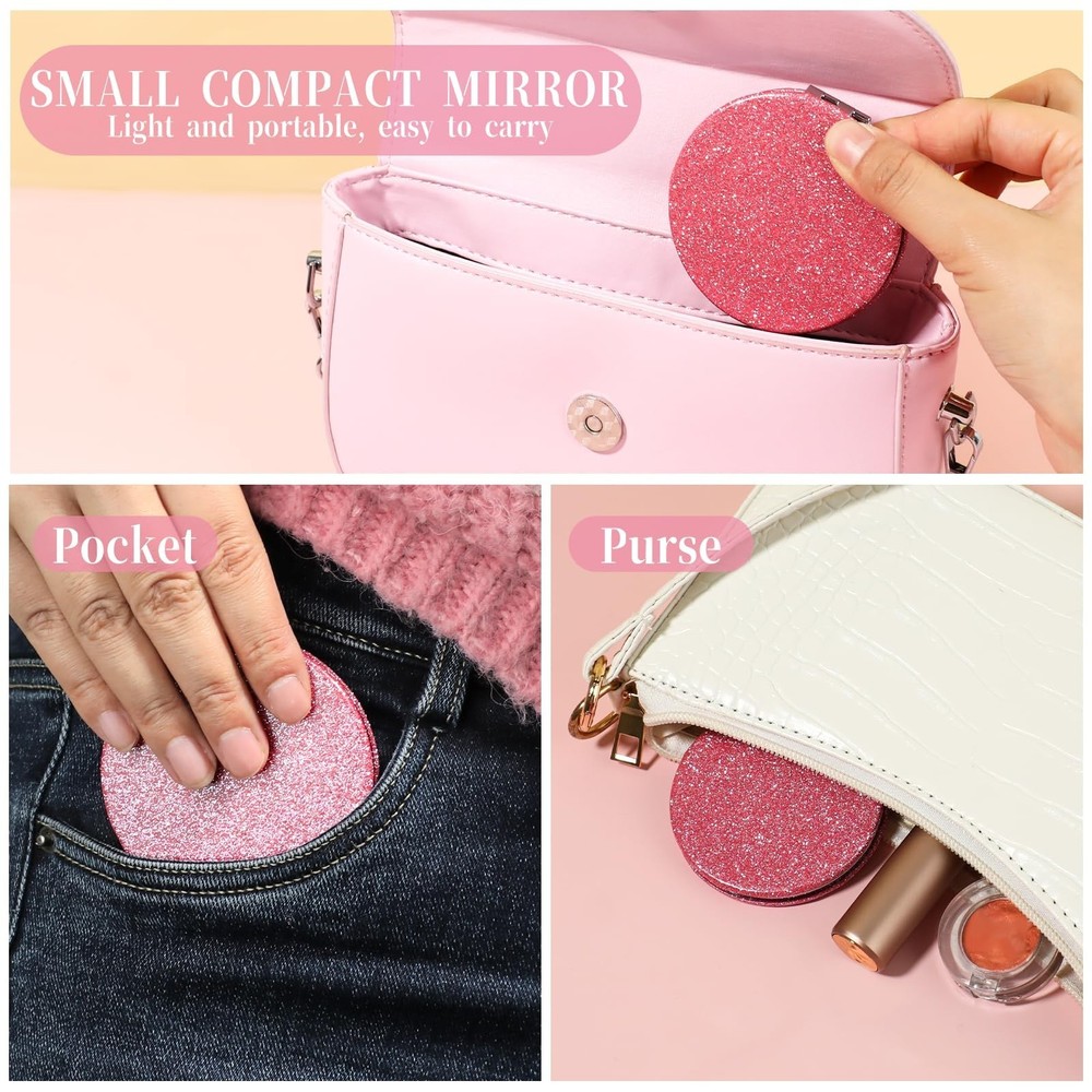 Cosmetic Compact Mirror Folding Glitter Round Mini Makeup Mirror Portable Bli...