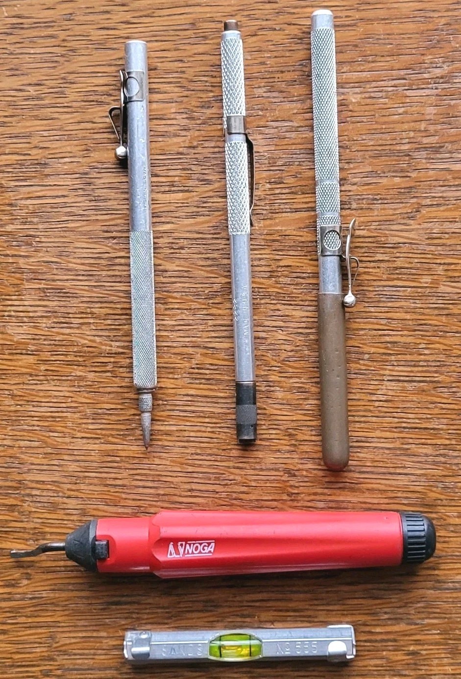 (5) Pocket Tools- Scriber, Magnetic, Screw Tool, Sands No. 555 Level, Deburring