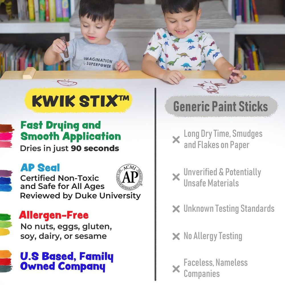 Kwik Stix Solid Tempera Paint Sticks, 12 Colors, Washable Paint Sticks for Ki...