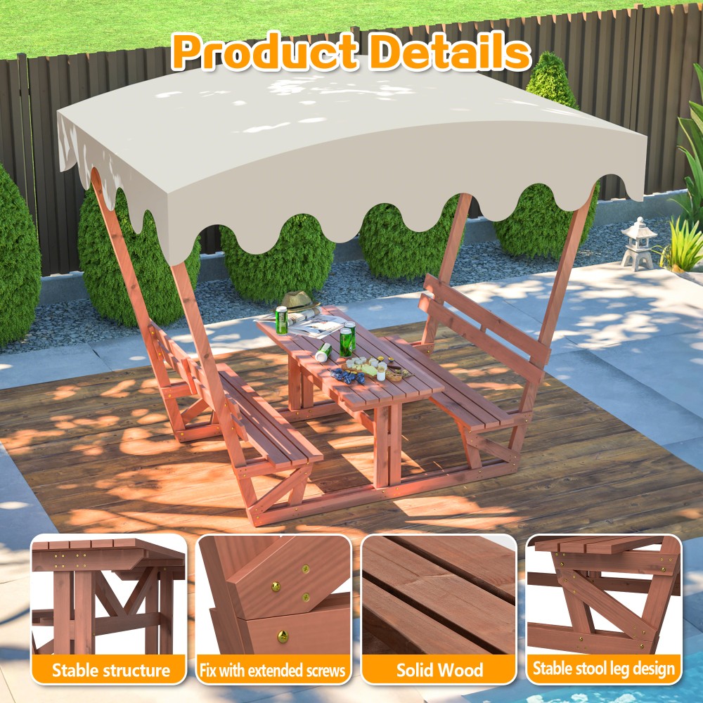 All-Weather Solid Wood Picnic Table Set with Removable Canopy & Benches Gardens