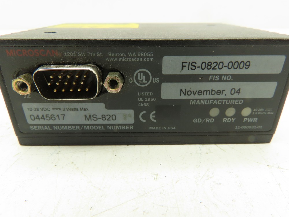 Microscan MS-820 Fixed Barcode Scanner Single Line Medium Density FIS-0820-0009
