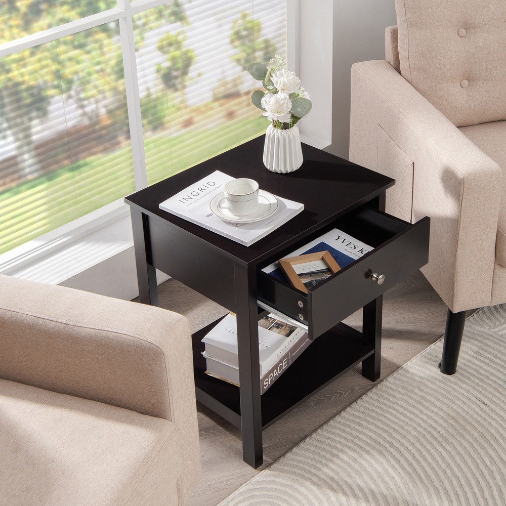 Nightstand Wooden Bedside Sofa Side Table w/Drawer Storage Shelf Black