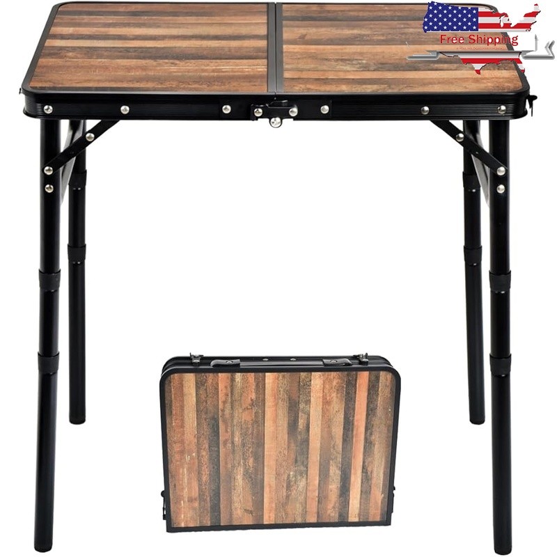 Folding Camping Table Portable Adjustable Height Easy Setup W/ Storage Hooks New