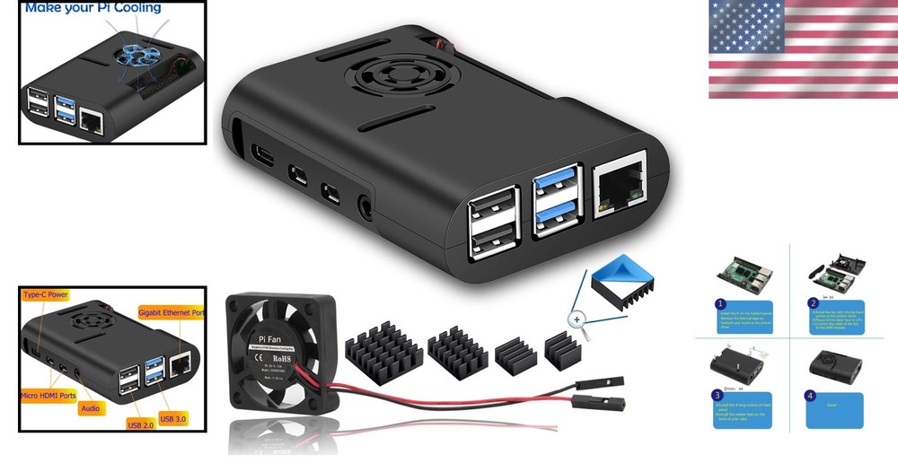 Easy Install Raspberry Pi 4B Case with Air Cooling Fan & Heatsink - Black