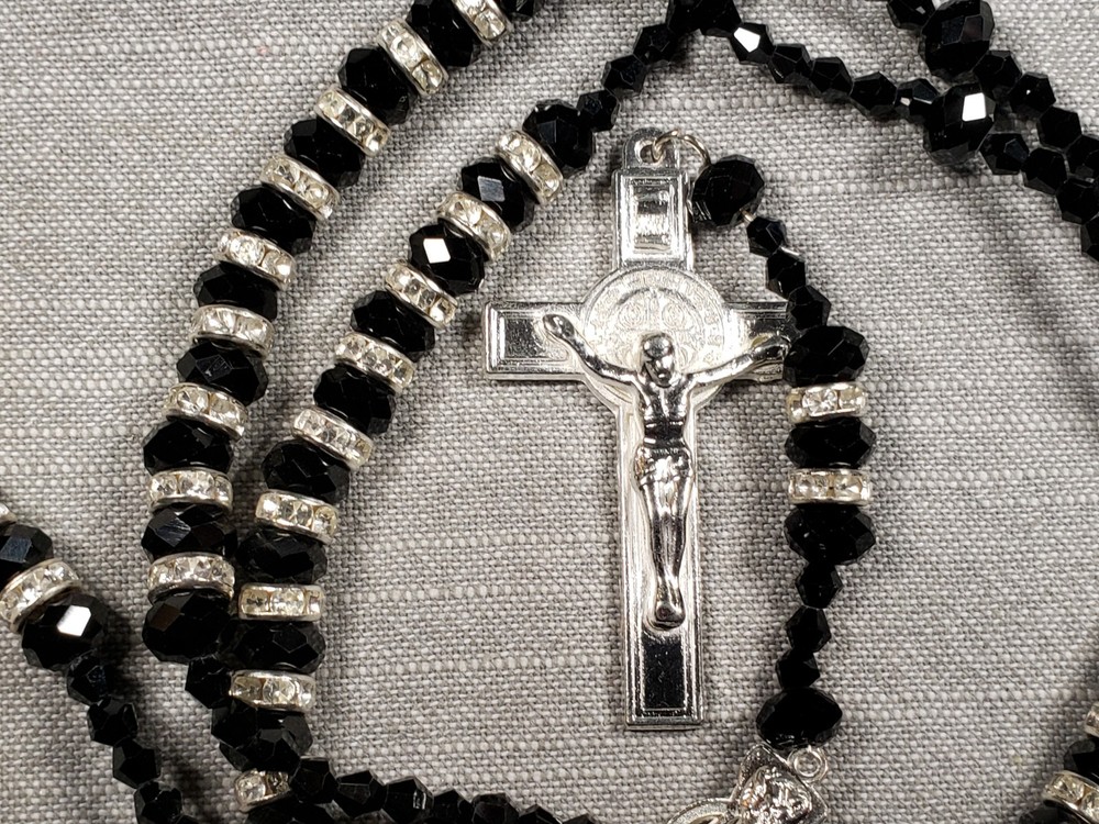 Beautiful Vintage Rosary St Benedict Black Beads Religious Christian C24