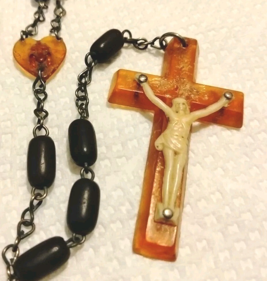 Antique Irish Rosary Butterscotch Bakelite Crucifix Cross Excellent Condition