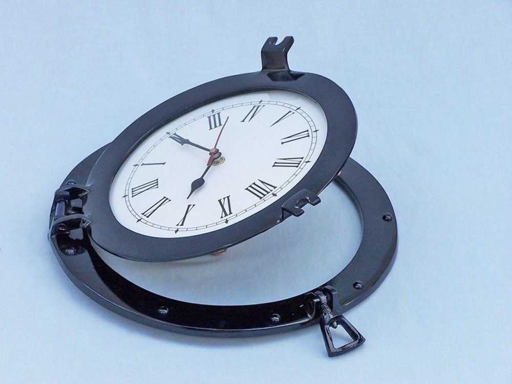 Brass Deluxe Class Porthole Clock 12" - Dark Blue