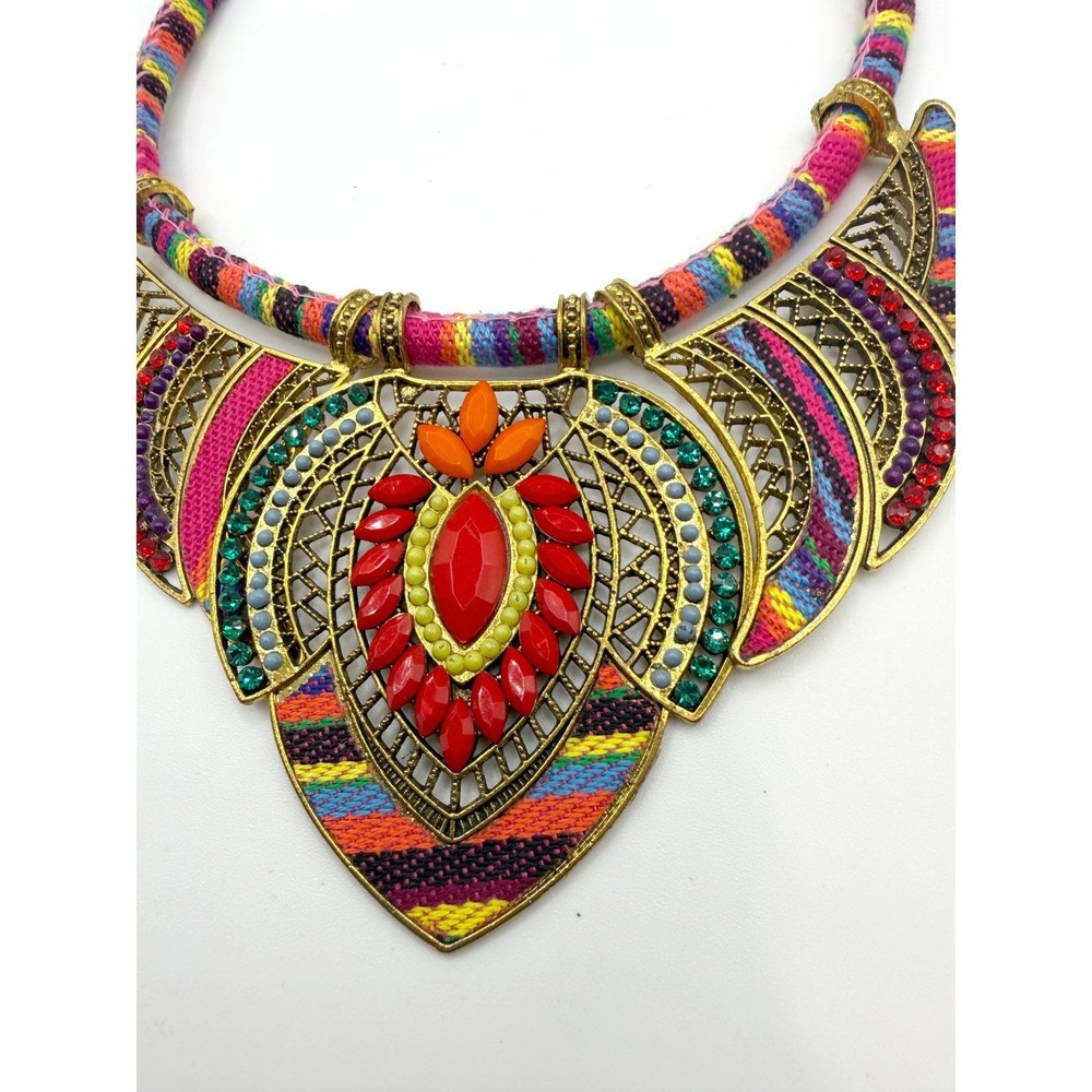 Boho Statement Bib Necklace Fabric Wrapped Chain Rhinestones Cabochons