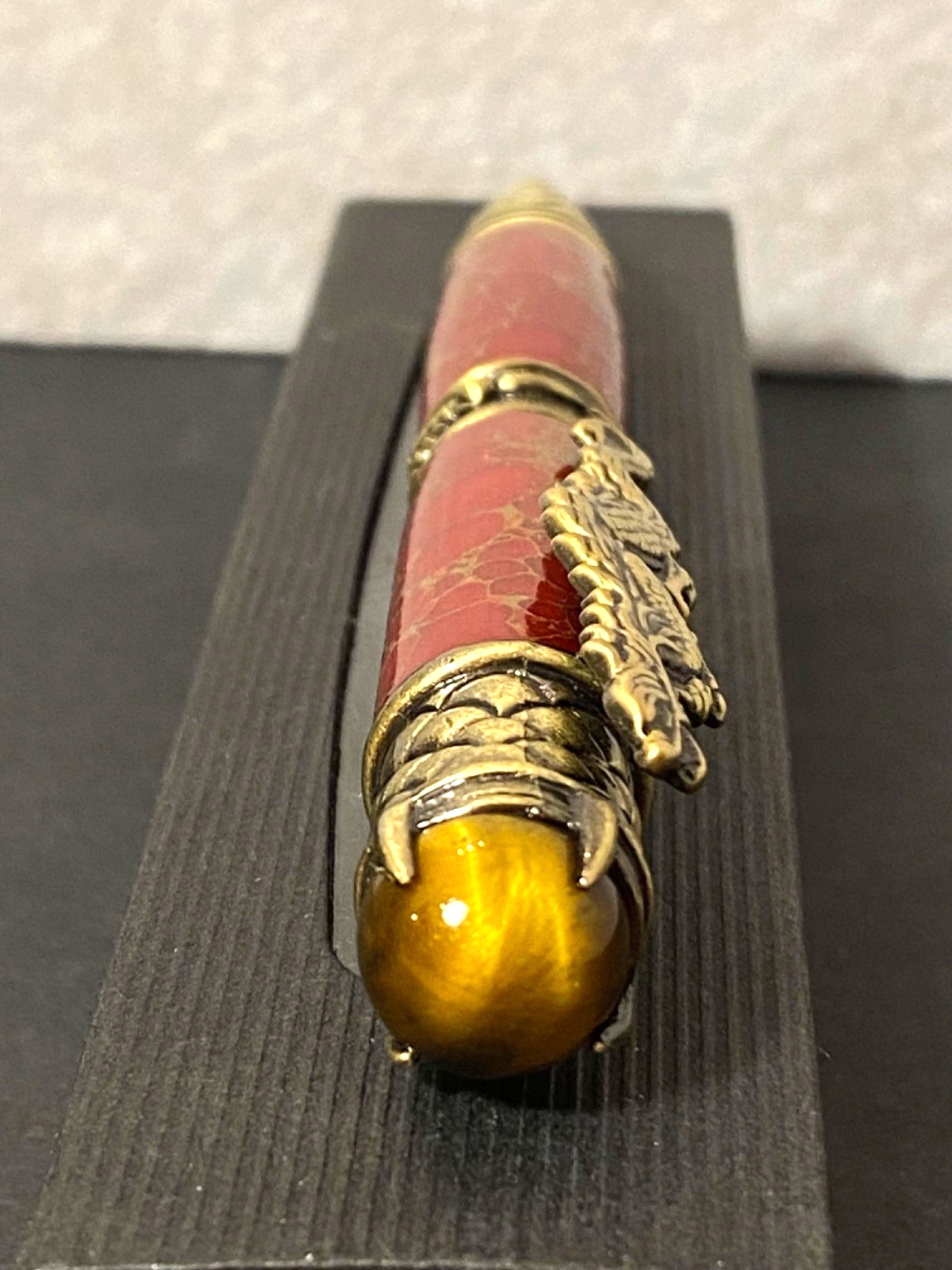 Red Jasper Crouching Dragon Armored Scales Twist Ballpoint Pen Tigers Eye