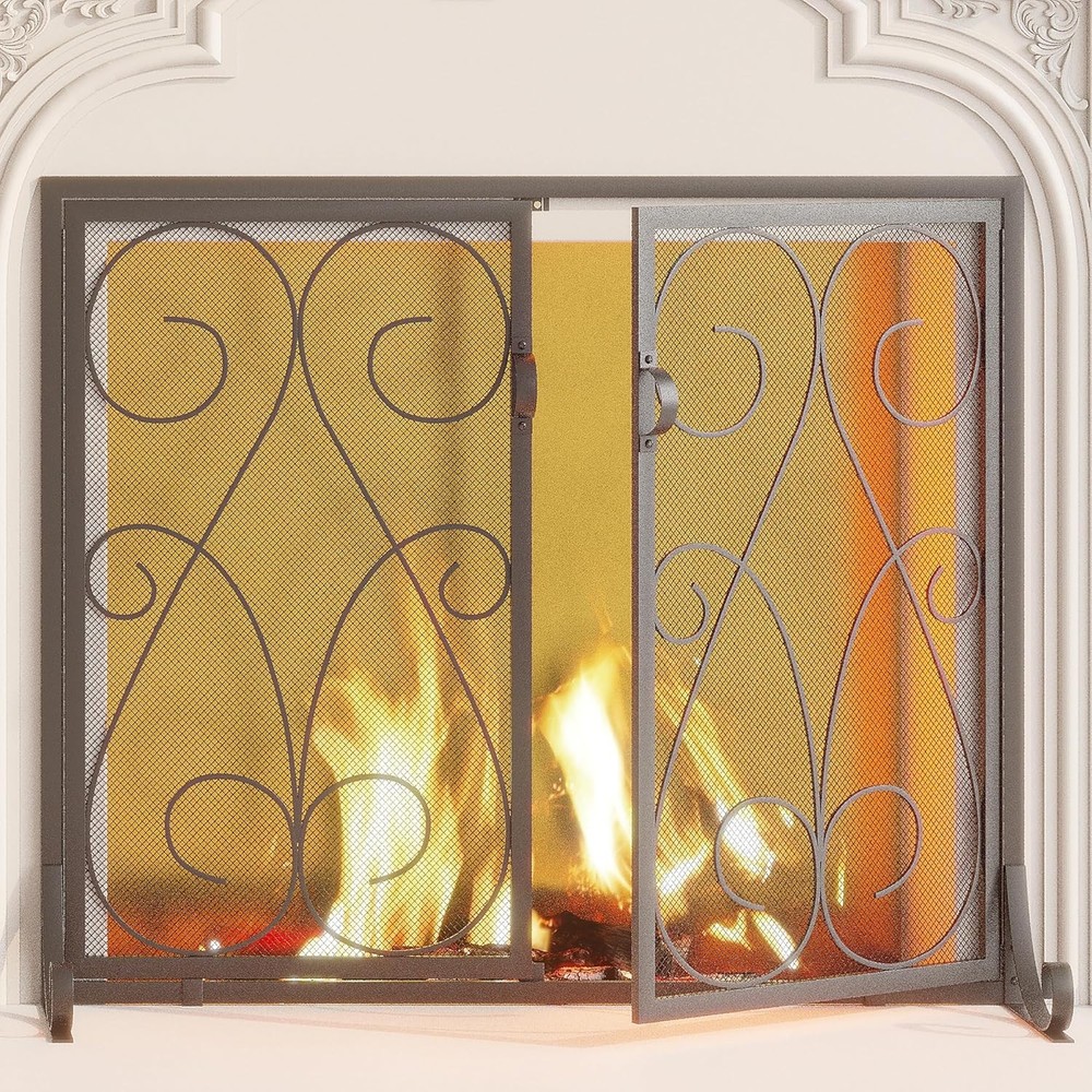 2 Panel Fireplace Screen with Doors Handcrafted Wrought Iron Decorative Mesh