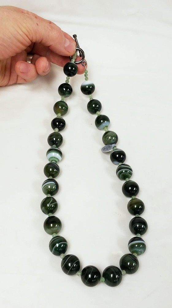 25 Bead Dyed Green Striated Agate Necklace