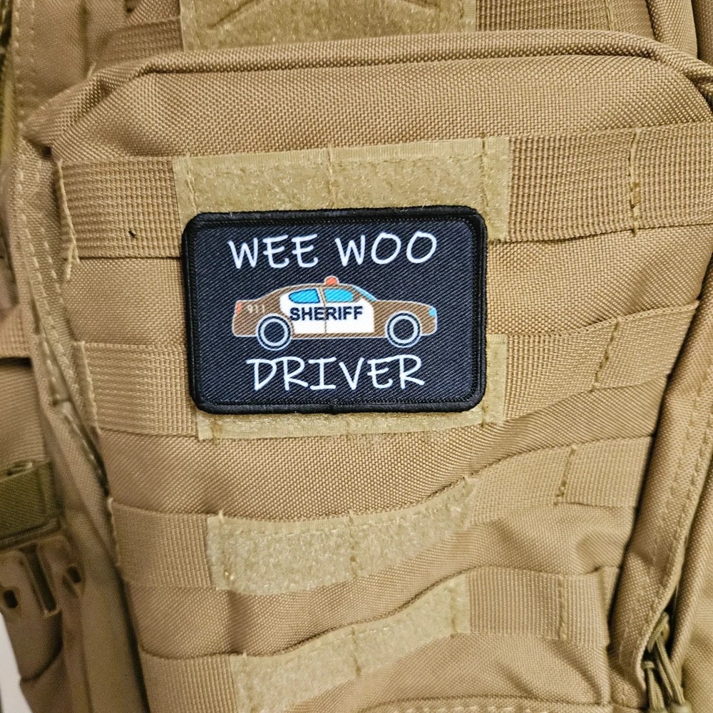 Wee woo driver sheriff brown car funny 2"x3" removable patch hook and loop back