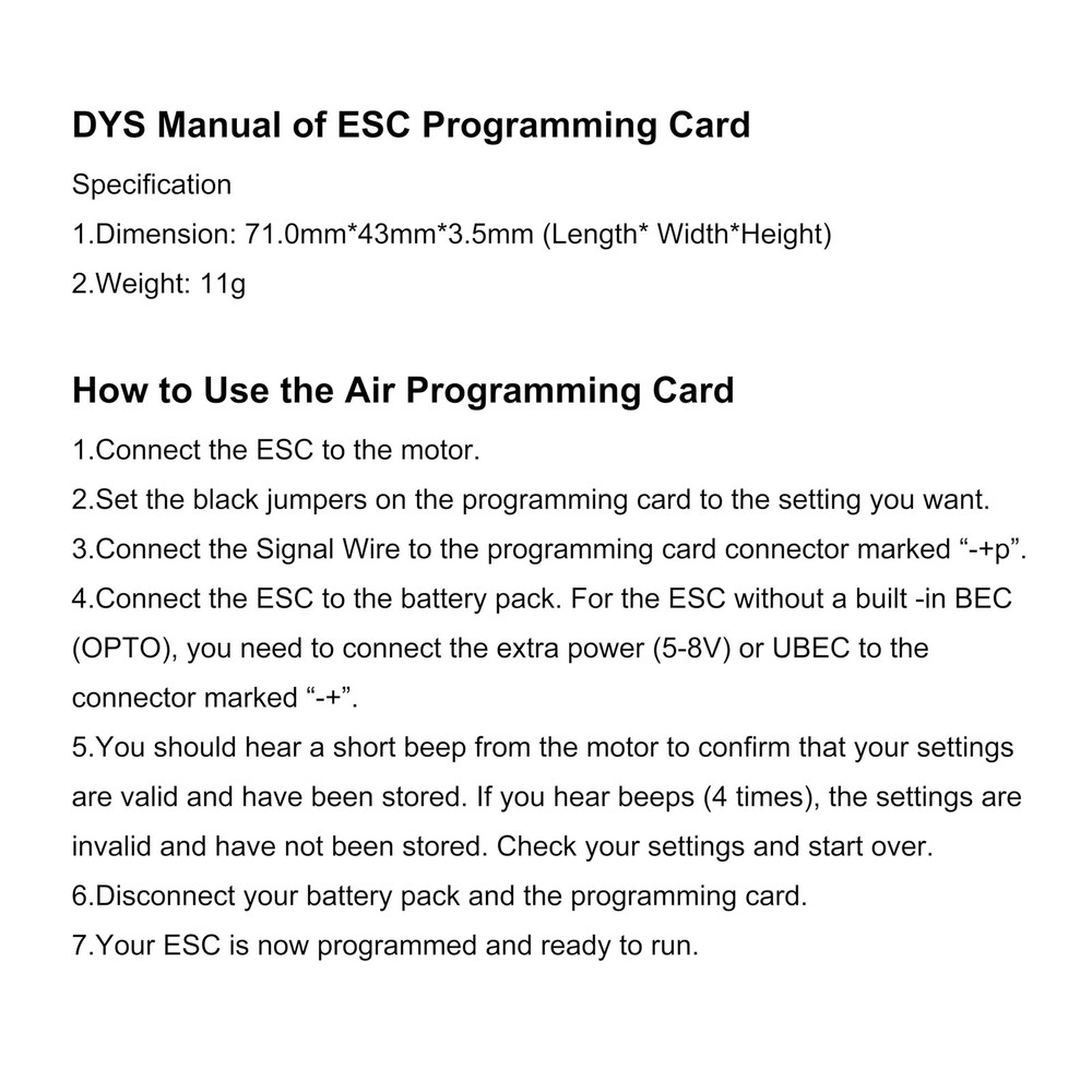 ESC Programming Card for DYS Series ESC