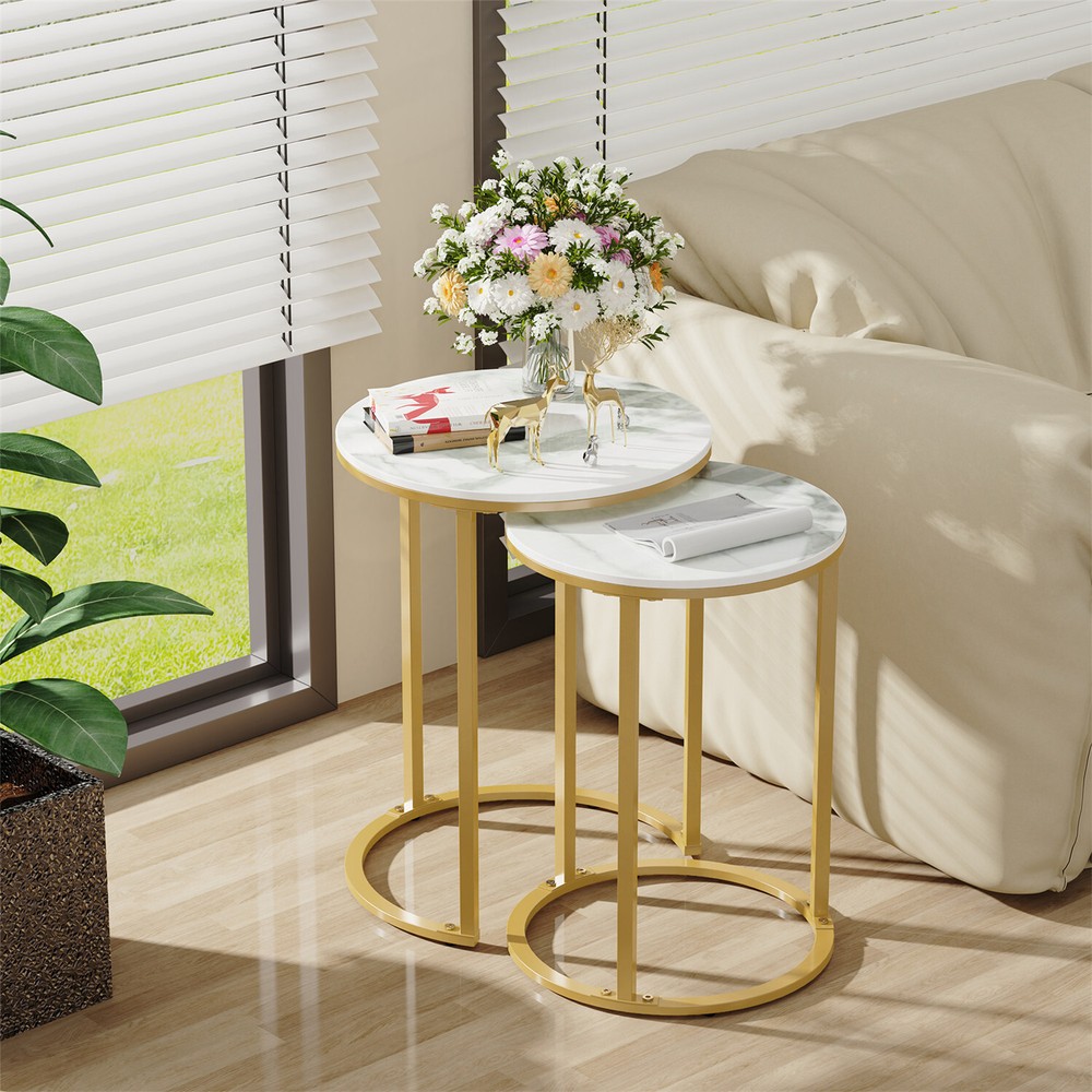 Real Marble 2 Pack Nesting Coffee Side Table Home Tea Desk Round Metal Stacking
