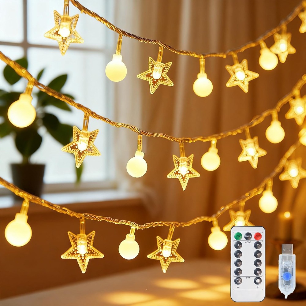 Globe Star String Lights 33FT 100 LED Warm White USB Plug in Yellow Globe＆Star