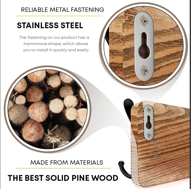 Rustic Coat Rack Wall Mount – Solid Pine Wood Wall Coat Rack with 5 Triple Ho...