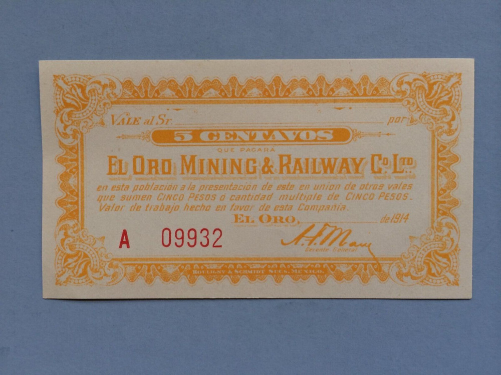 5 CENT MEXICO BANKNOTE EL ORO MINING & RAILWAY NOTE 1914 MEXICO