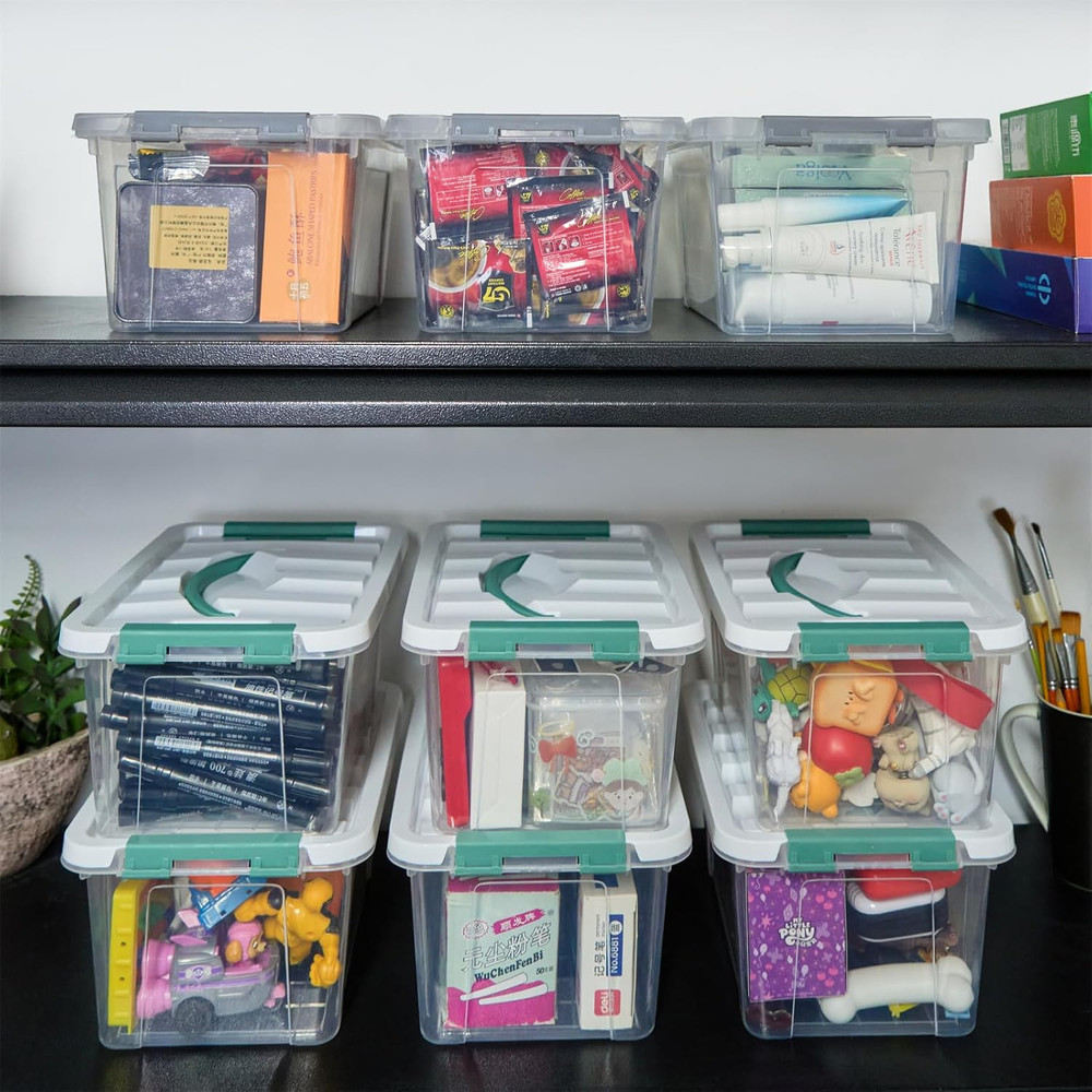 6 Quart Plastic Stackable Storage Latch Bins,Clear Latching Box with Handle and