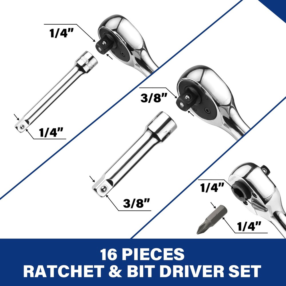 WORKPRO Stubby Ratchet & Bit 16 PCS & Driver Set, Silver