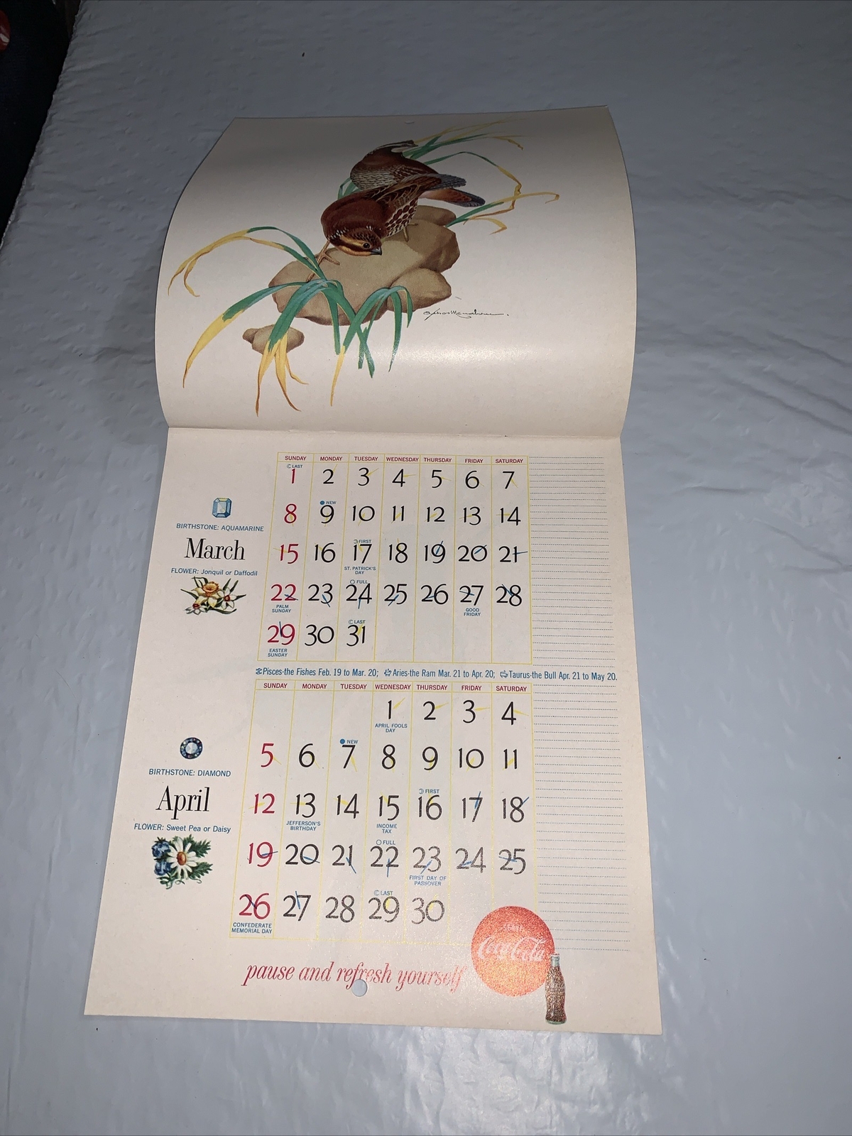 Original 1959 Coca Cola Calendar of American Birds 7 x 12” by ATHOS MENABONIL