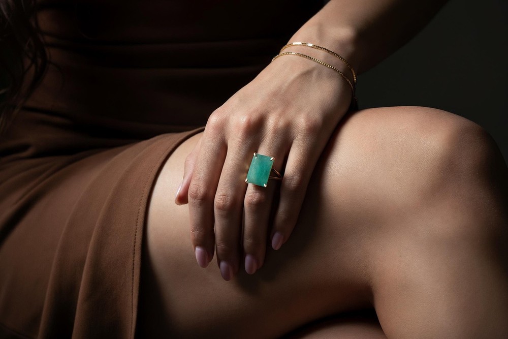 Amazonite Ring 14k Gold Rectangle Cut Sky Blue Semiprecious Statement