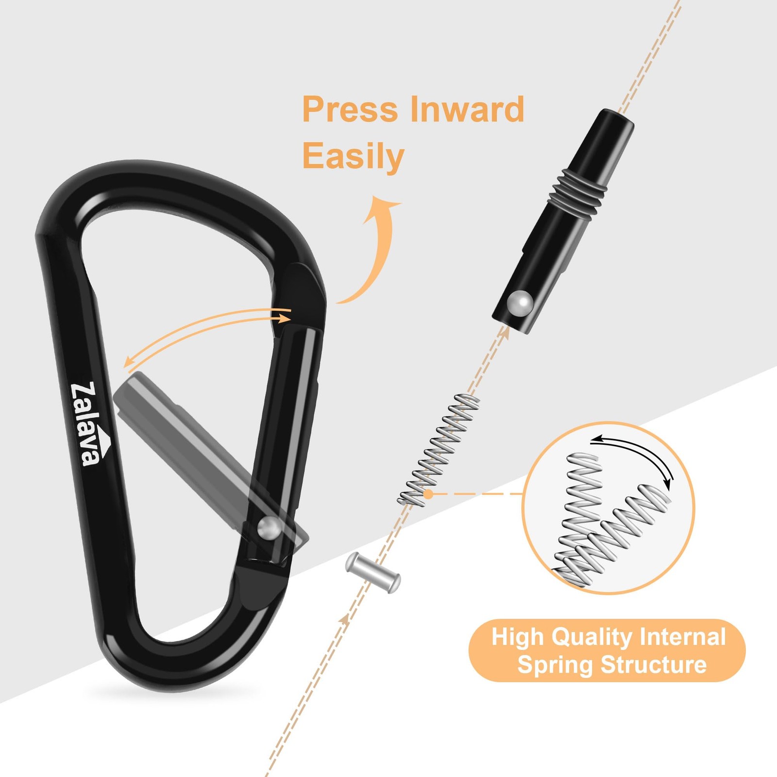 2.3'' Carabiner 6-Pack, D-Ring Aluminum Clips Keychain, Black