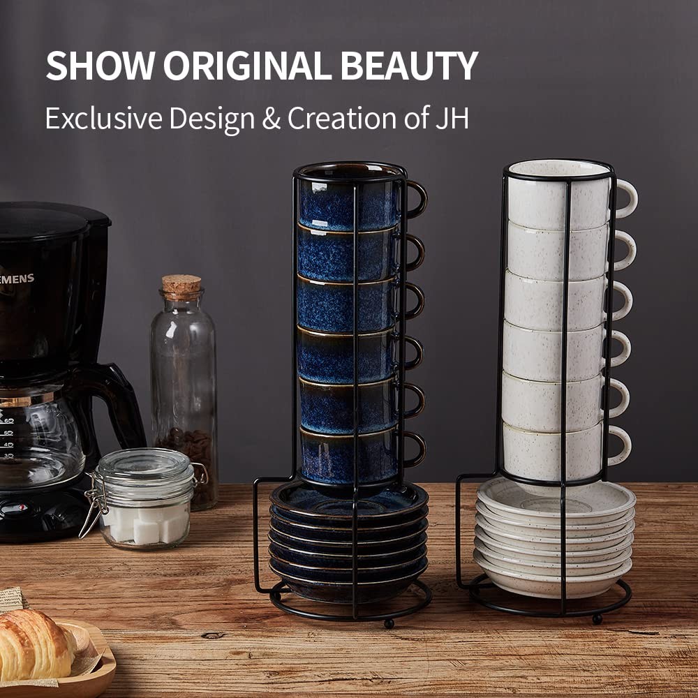 JIEMEI HOME Porcelain Stackable Espresso 13 Piece Set, Reactive Glaze Blue