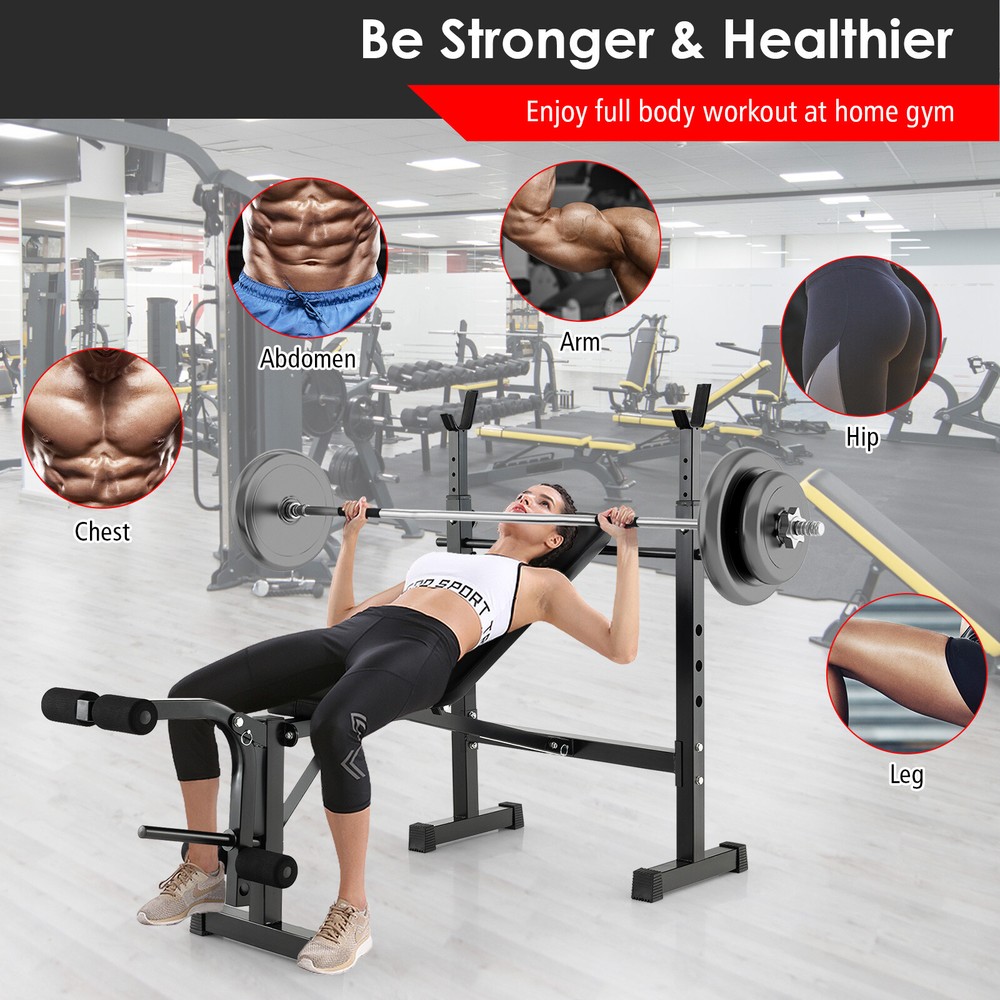 Adjustable Weight Bench & Barbell Rack Set w/ Backrest & Seat Cushion Black