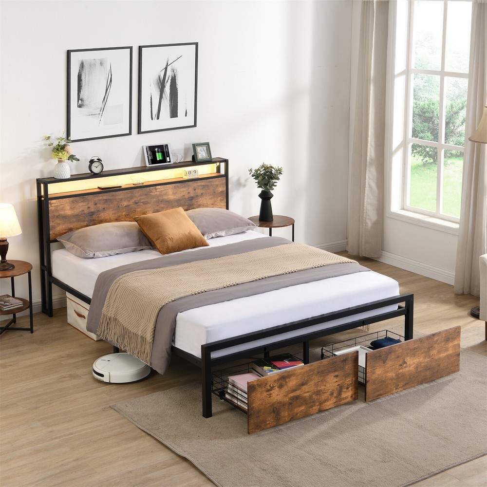 Queen Size Bed Frame with Storage Headboard & 2 Drawer Metal Platform Bed
