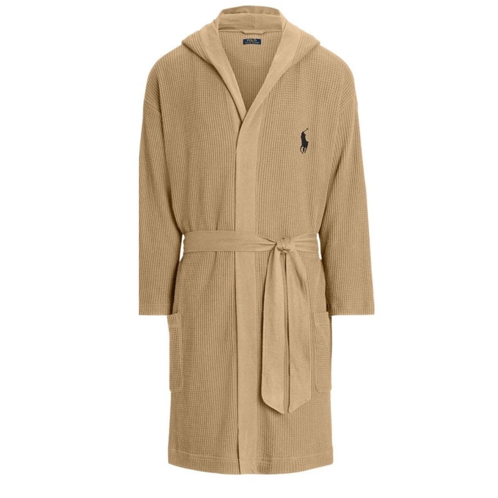 Polo Ralph Lauren Robe Mens Waffle Knit Hooded Classic Khaki Big Pony