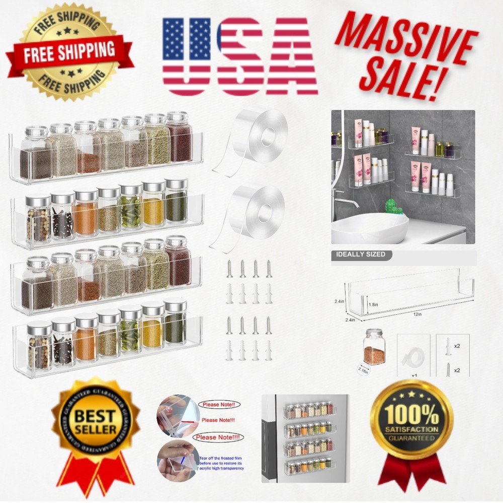 Space-Saving Wall-Mounted Acrylic Spice Rack - Strong & Elegant Design - 4 Pack
