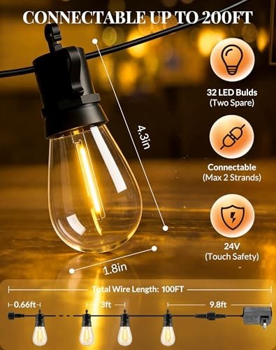 Outdoor String Lights LED Patio-Light - 100Ft Outside Waterproof Dimmable