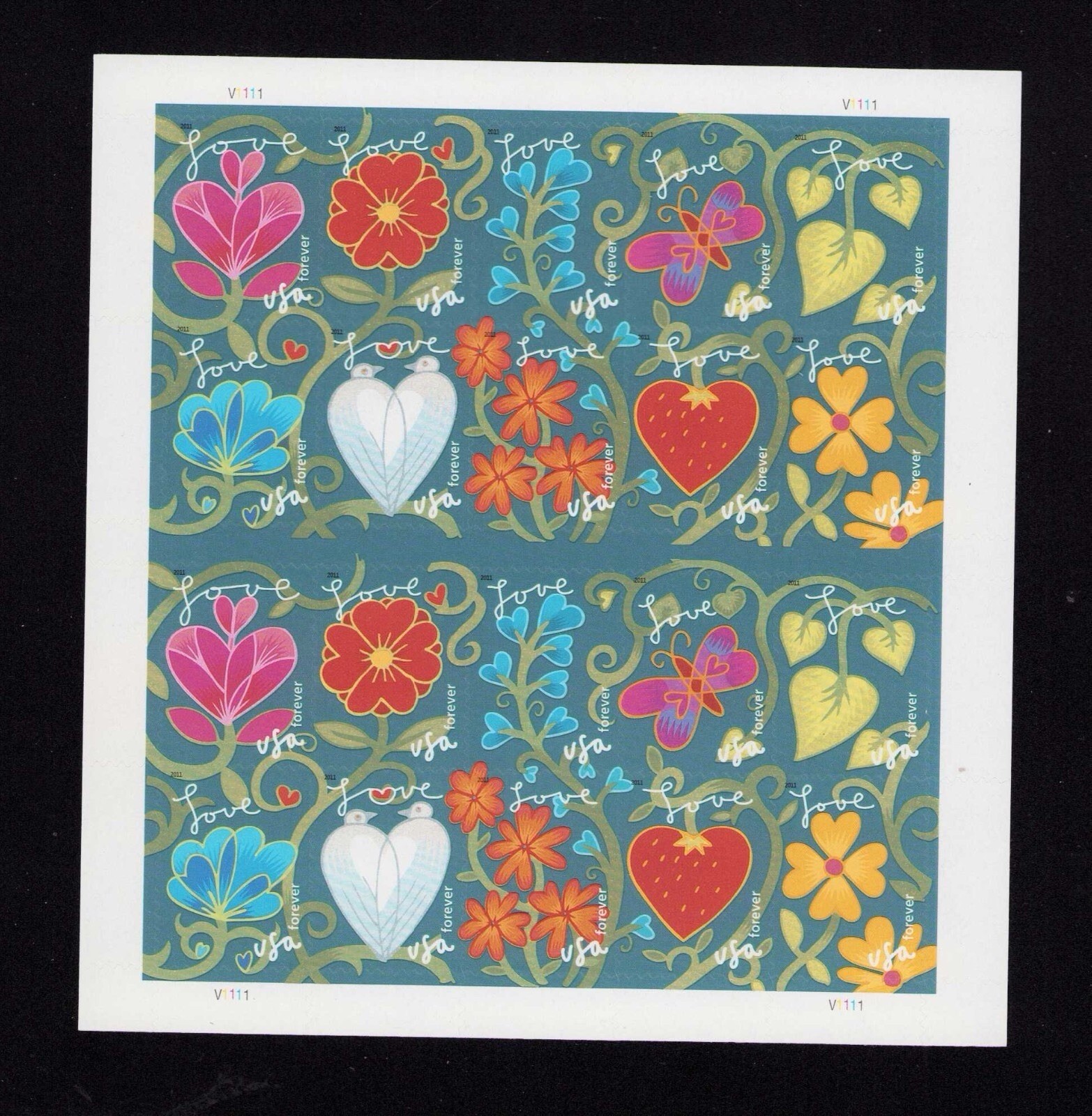 2011 USPS SHEET OF 20 FIRST CLASS LETTER STAMPS GARDEN OF LOVE 78¢