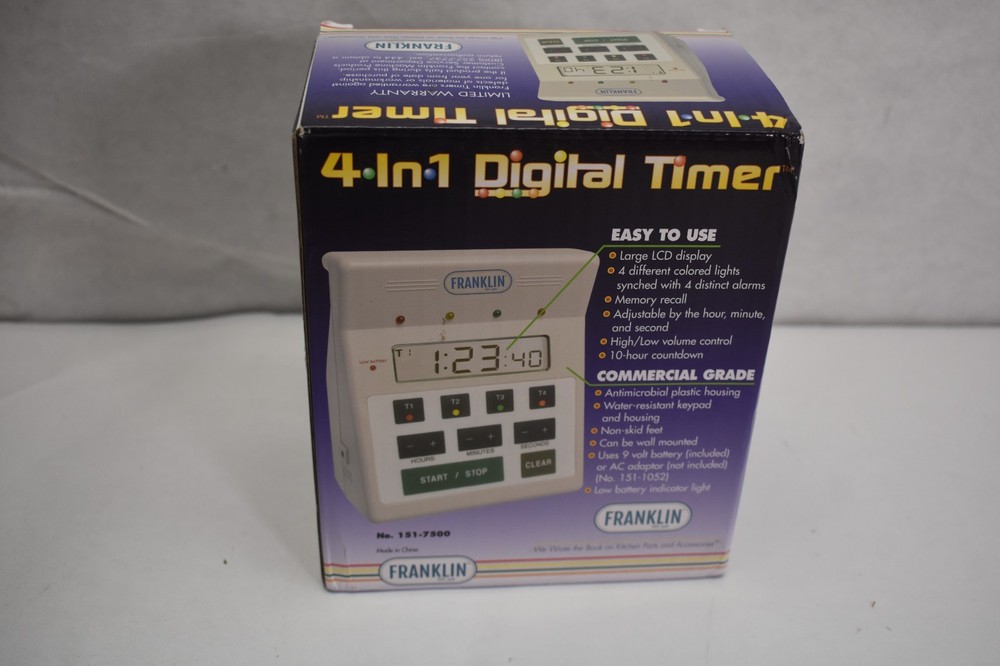 Franklin 4-in-1 Digital Timer 151-7500 Kitchen Timer Water Resistant Color Coded