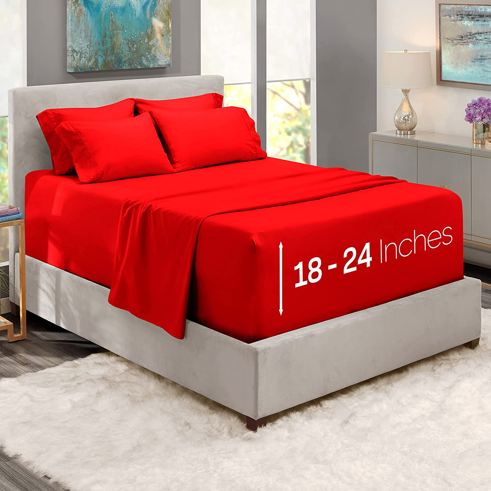 Queen Sheets Sets - 6 Piece, Extra Deep Pocket, Microfiber, Cherry Red