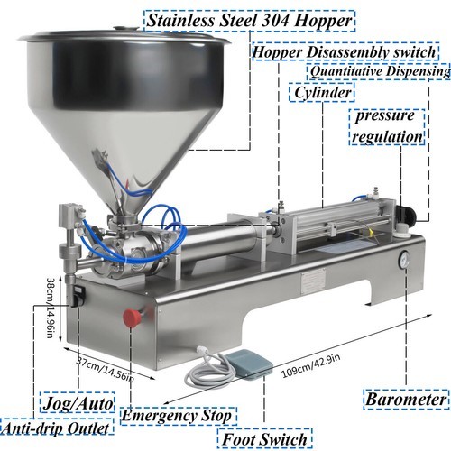 600ml Liquid Paste Filling Machine Pneumatic Bottle Pack Piston Filler + Hopper