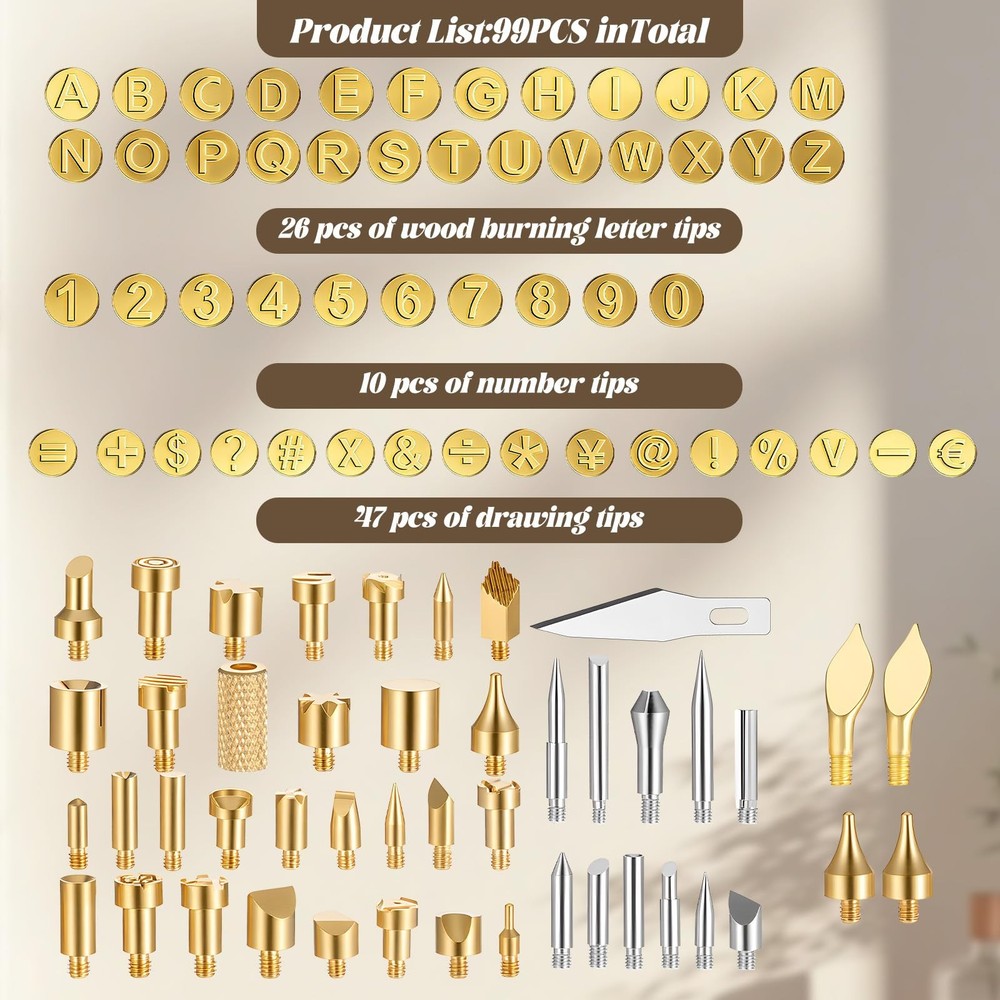 99 Pcs Wood Burning Tips Kit Pyrography Tip Set Gold + Silver