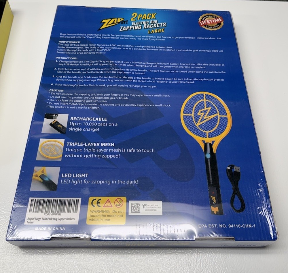 Zap It! Electric USB Rechargeable Bug Zapper Rackets Large 2 Pack + Bonus Unit
