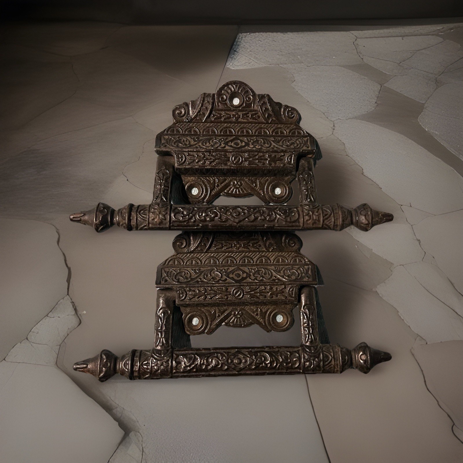 2 Heavy Antique Victorian Eastlake Cast Iron Casket/Coffin/Tool Box Drop Handles