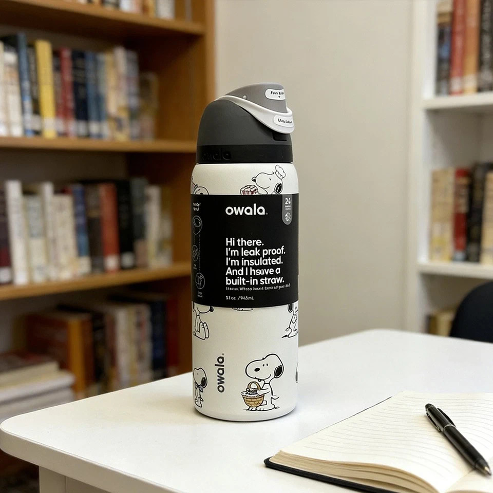 Snoopy Owala 32oz Black Whtie Water Bottle Stainless Steel Exclusive Edition