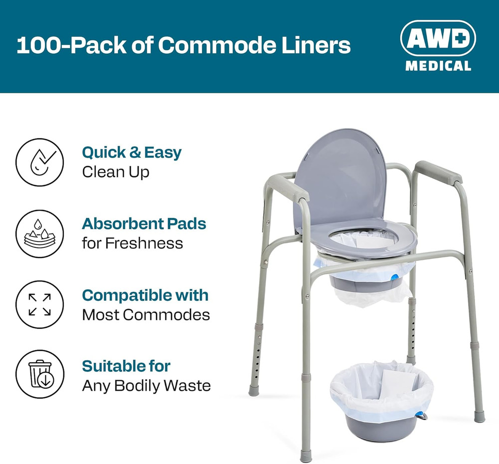 100 PACK - Commode Liners with Absorbent Pads - Adults Commode Bag Compatible wi
