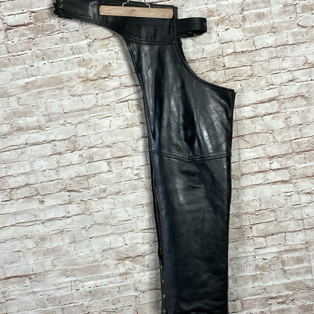 Joe Rocket Mens Black Leather Chaps Medium Open Back Pant GREAT CONDITION CLEAN