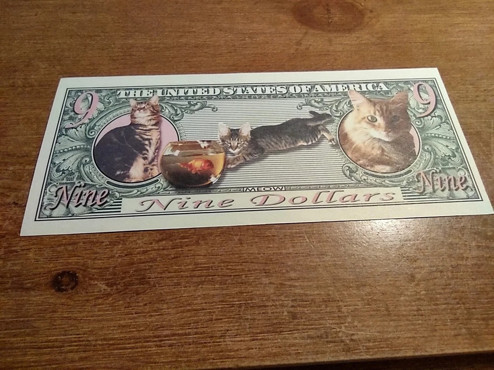 CRAZY FOR CATS, $9 novelty bill. Sleeved.